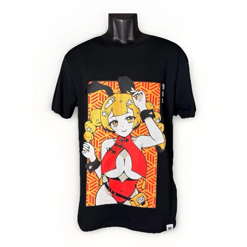 Gamer Supps Waifu Year Of The Rabbit Anime Girl Black Men’s T-Shirt Size S/M